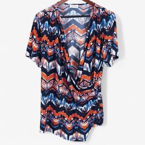 Tahari Short Sleeve Blouse Chevron Print Blue Orange Size XL Artsy Statement